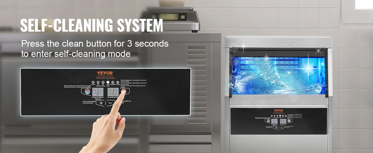 VEVOR commercial ice maker self-cleaning system with touch controls and user-friendly interface.