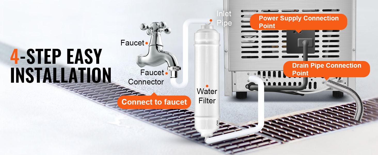 4-step easy installation for VEVOR commercial ice maker with labeled connection points.