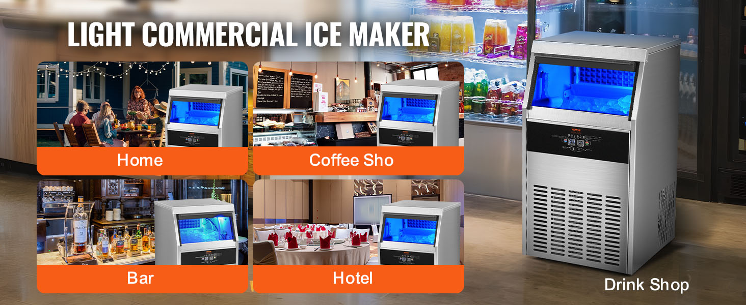 VEVOR commercial ice maker for home, coffee shop, bar, hotel, and drink shop use.