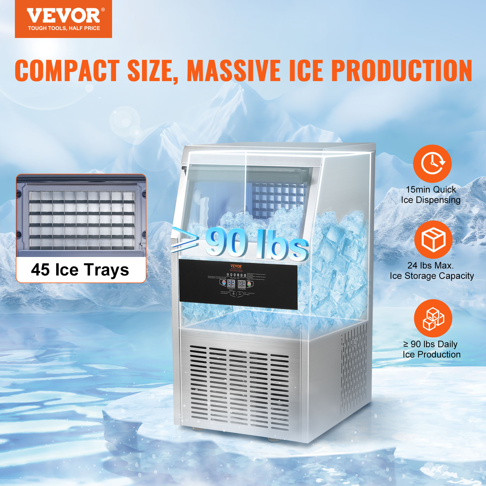 VEVOR 80-150LB Commercial Ice Maker Undercounter Ice Cube Machine Freestanding