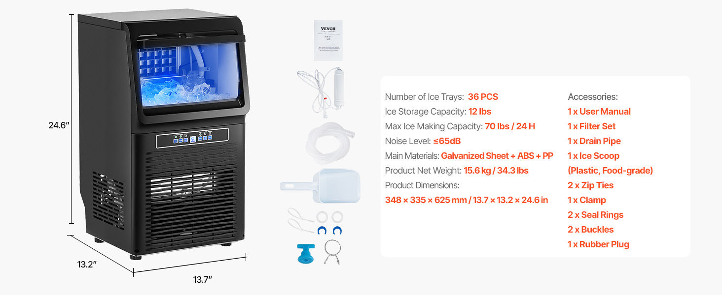 VEVOR commercial ice maker dimensions, features, and package contents with ice scoop and filter.