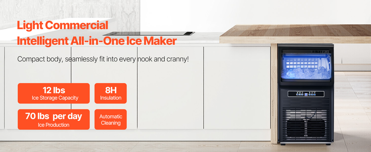 VEVOR commercial ice maker in a modern kitchen with signage highlighting its features and capabilities.