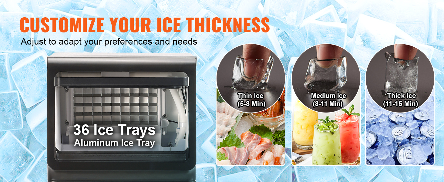 VEVOR commercial ice maker with 36 aluminum trays for customizing ice thickness: thin, medium, thick.