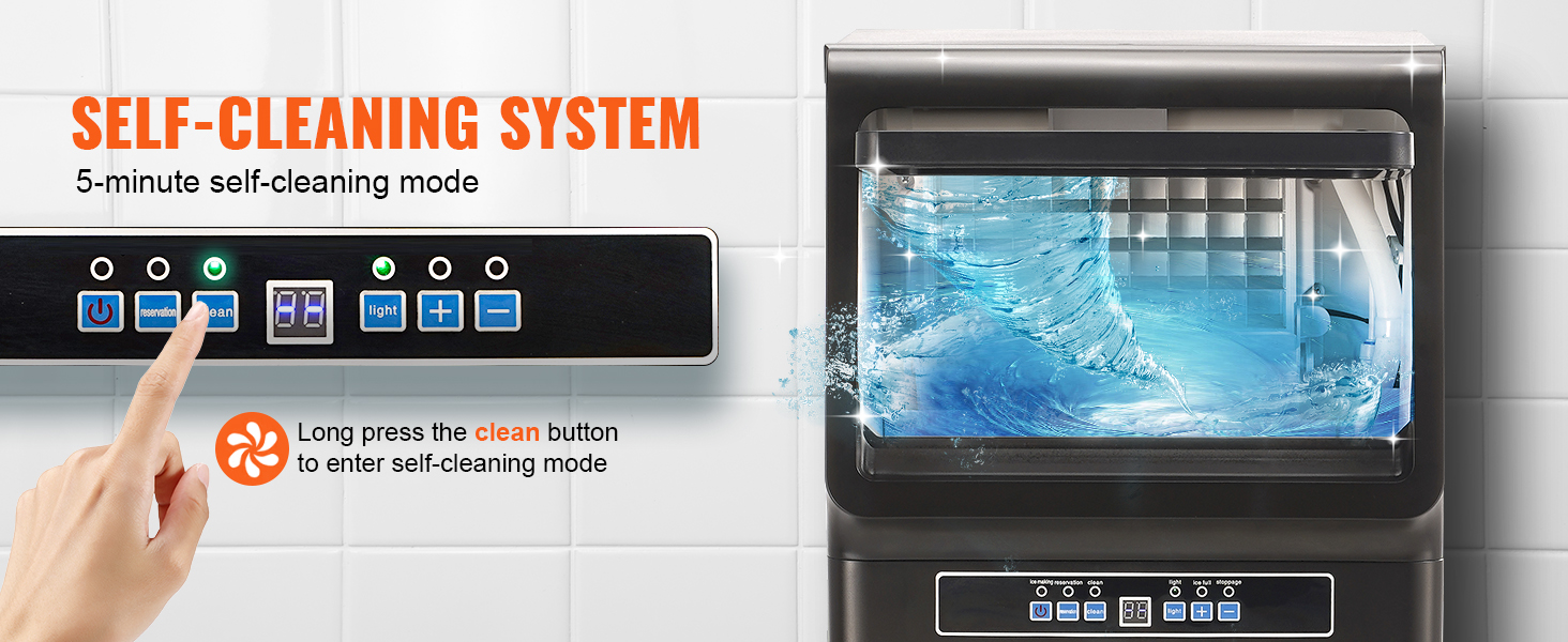 VEVOR commercial ice maker with self-cleaning system and 5-minute self-cleaning mode display.