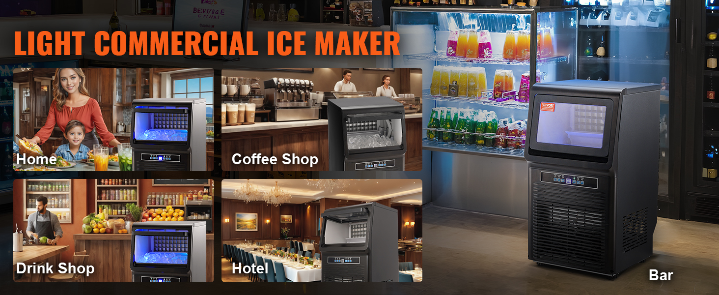 VEVOR commercial ice maker in various settings: home, coffee shop, drink shop, hotel, bar.