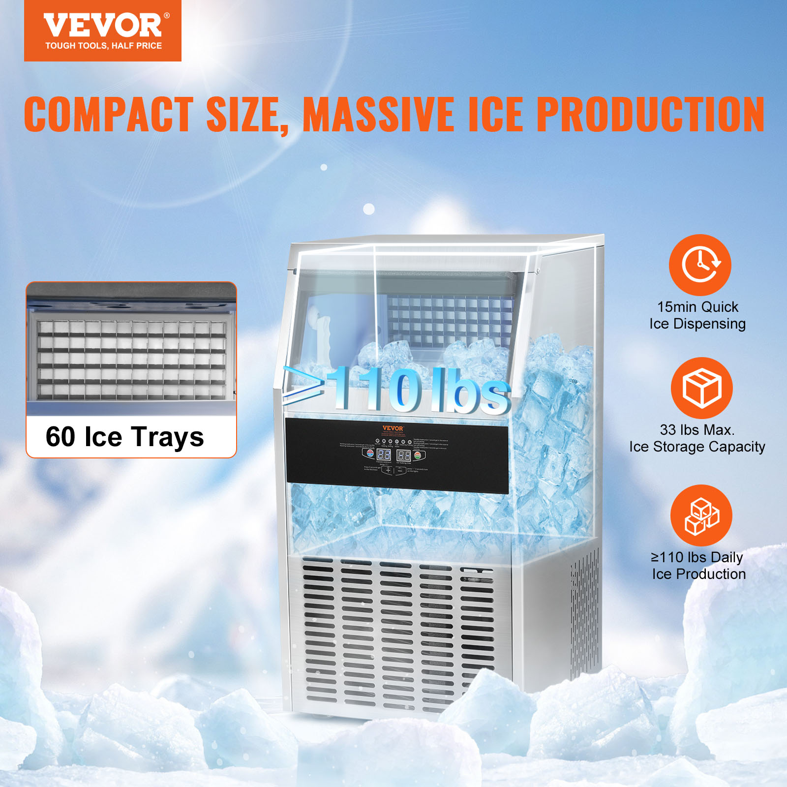 VEVOR 80-150LB Commercial Ice Maker Undercounter Ice Cube Machine Freestanding