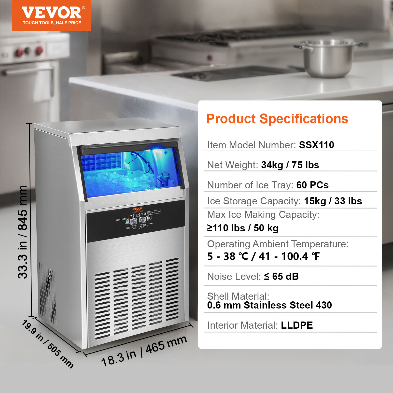 VEVOR 80-150LB Commercial Ice Maker Undercounter Ice Cube Machine Freestanding