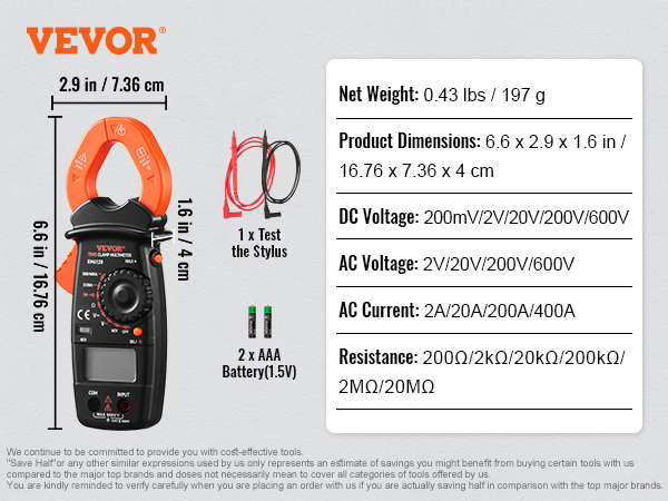 VEVOR Pince Ampèremétrique TRMS Multimètre Pro Numérique CA CC Volt/A  Mesure NCV