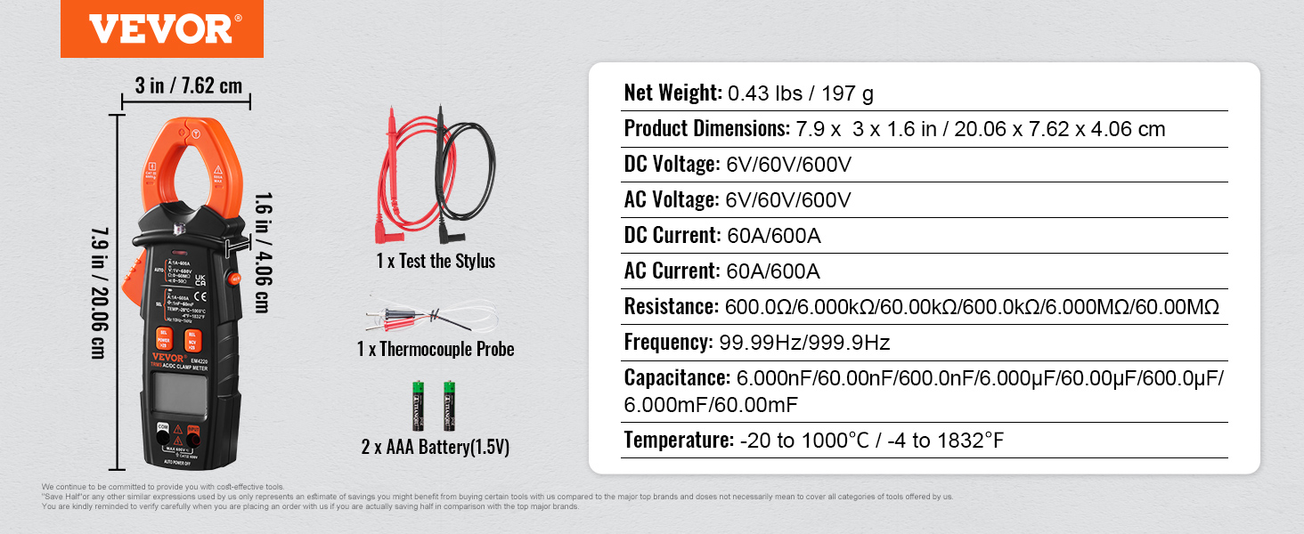 Digitální klešťový měřič VEVOR T-RMS, 6000 počtů, 600A klešťový multimetrový zkoušeč, měří proudové napětí odporové diody Uchovávání dat, NCV pro domácí spotřebiče, údržbu železničního průmyslu