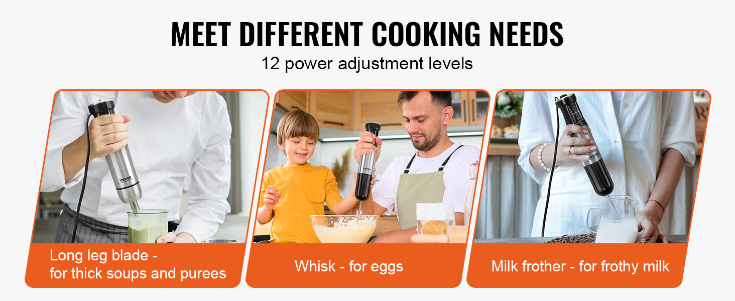 VEVOR Commercial Immersion Blender, 500 Watt 12-Speed Heavy Duty Immersion Blender, Stainless Steel Blade Copper Motor Hand Mixer, Portable Mixer with Measuring Cup, Whisk, Milk Frother, Silver
