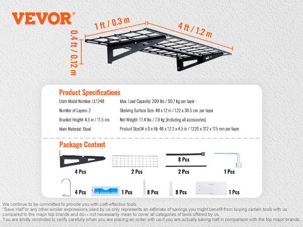 VEVOR Garage Storage Shelving, 2 Pack, 4 x 1 ft Heavy Duty Garage Shelves Wall Mounted, 400 lbs Load Capacity(Total) Garage Storage Rack Floating Shelves, Suitable for Shop, Shed, Garage Storage