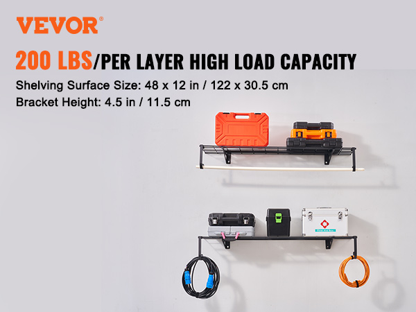 VEVOR Garage Storage Shelving, 2 Pack, 4 x 1 ft Heavy Duty Garage Shelves Wall Mounted, 400 lbs Load Capacity(Total) Garage Storage Rack Floating Shelves, Suitable for Shop, Shed, Garage Storage