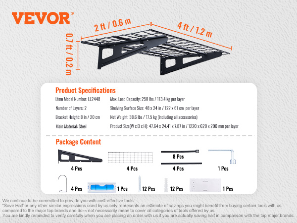 VEVOR Garage Storage Shelving, 2 Pack, 4 x 2 ft Heavy Duty Garage Shelves Wall Mounted, 500 lbs Load Capacity(Total) Garage Storage Rack Floating Shelves, Suitable for Shop, Shed, Garage Storage
