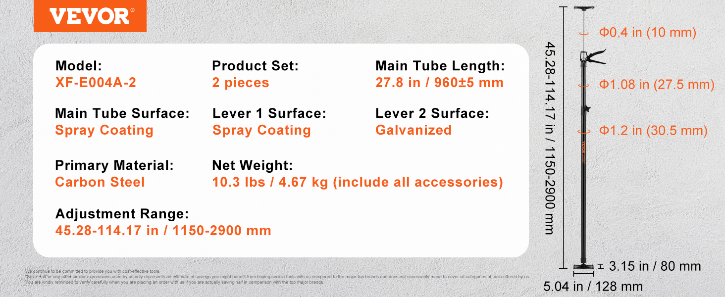 VEVOR Adjustable Support Pole, 2 Pcs 66 lbs Capacity 3rd Hand Support System, 45.2 in - 114.17 in Telescoping Support Pole, with Storage Bag, for Cabinet Jacks, Cargo Bars, Drywalls, Tire Jack