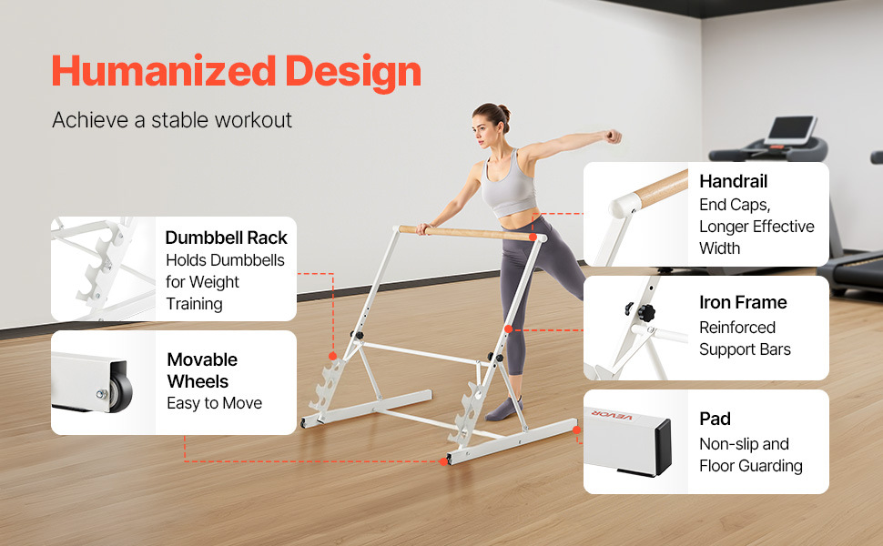 Barre De Ballet Portable Réglable 250 Cm – Blanc, Fer, Antidérapant, Charge 200 Kg, Pour Danse, Yoga, Pilates
