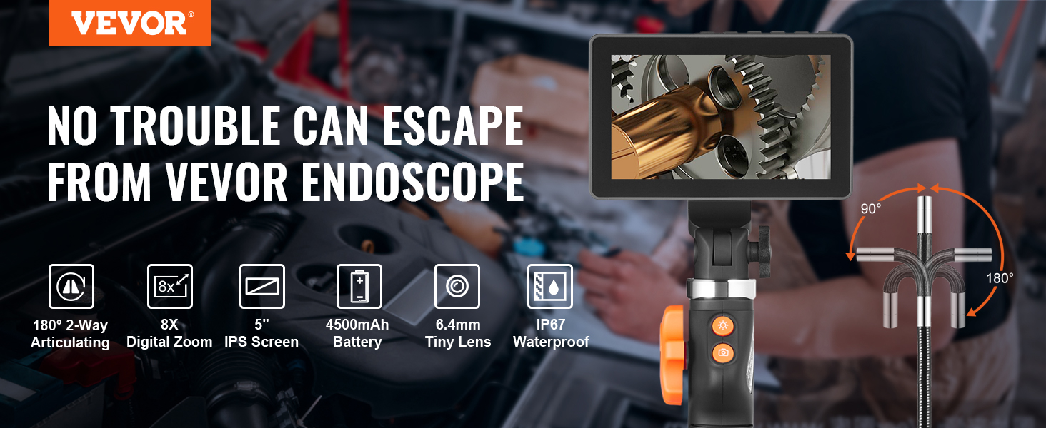 360 degrés Direction Industrielle Endoscope Caméra 360 ° Rotation  Automatique Double Lentille 4.3 ''IPS Écran Endoscope D'inspection 9 leds  32 GO