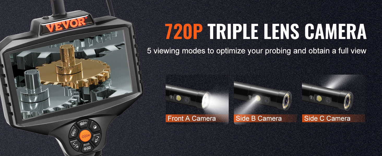 VEVOR Endoscopio industrial de triple lente, cámara de inspección de  boroscopio con pantalla IPS de 5 pulgadas con luces, pantalla dividida,  zoom 8x