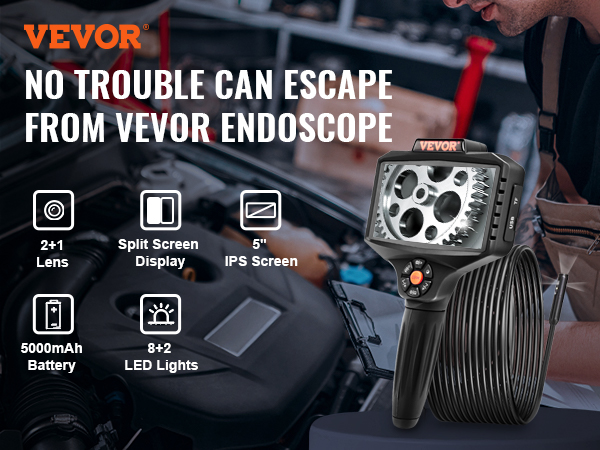 VEVOR Triple Lens Industrial Endoscope, 5 IPS Screen Borescope Inspection  Camera with Lights, Split Screen, 8x Zoom, IP67 Waterproof Drain Snake  Camera for Auto, Plumbing(16.5FT Cable, 32GB Card)