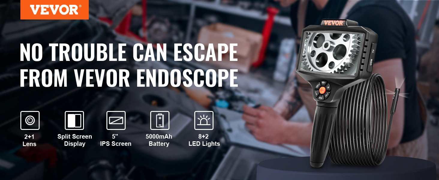 VEVOR Endoscopio industrial de triple lente, cámara de inspección de  boroscopio con pantalla IPS de 5 pulgadas con luces, pantalla dividida,  zoom 8x