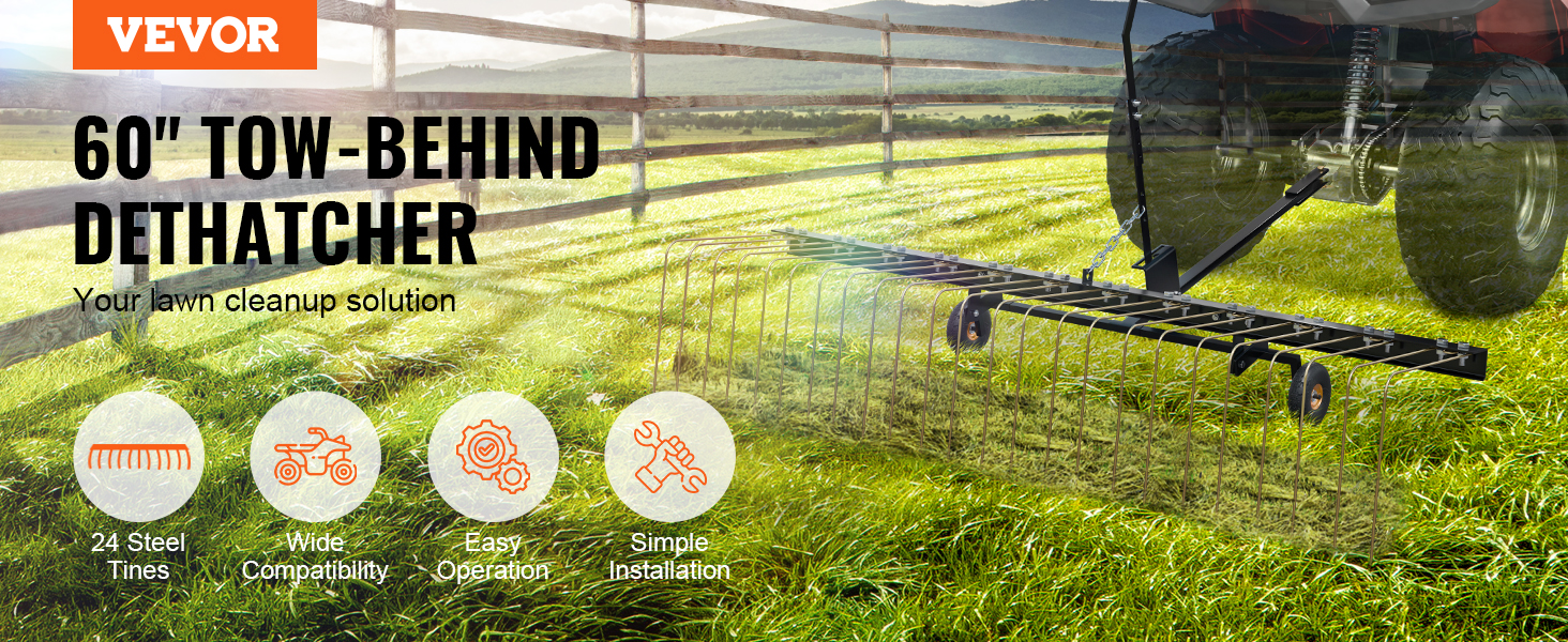 VEVOR Tow Behind Dethatcher, 1.5m Tow Dethatcher with 24 Steel Tines