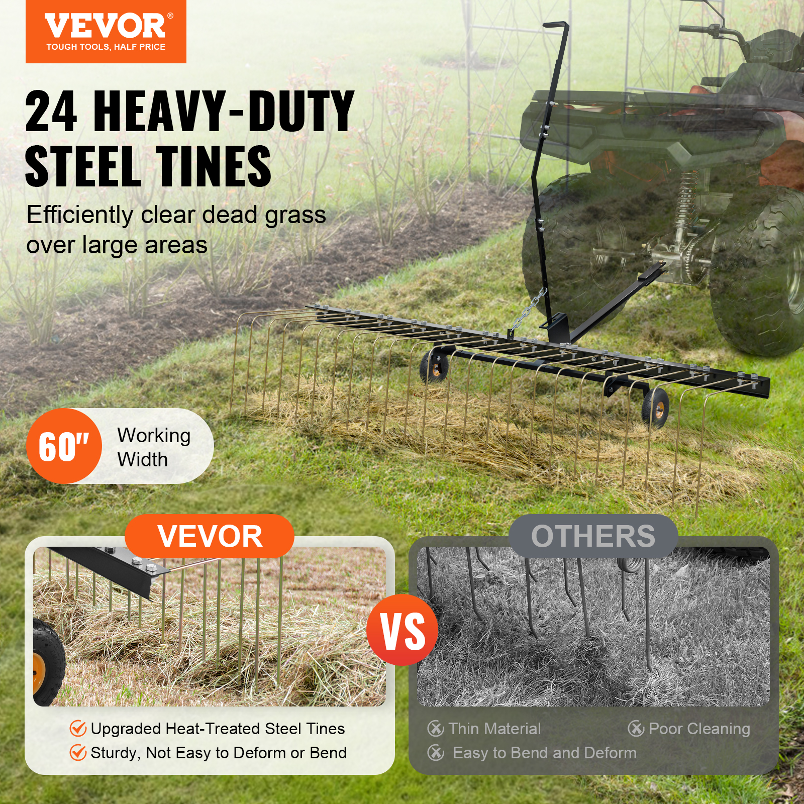 VEVOR Tow Behind Dethatcher40-60"Lawn Dethatcher20/24Tines Rake for ATV or Mower - Picture 16 of 38