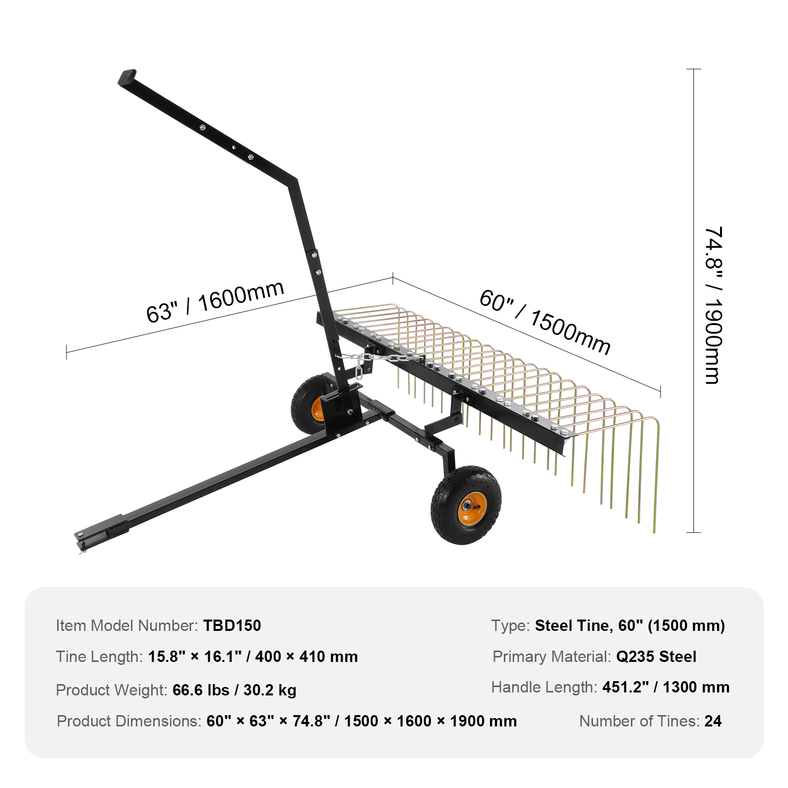 VEVOR Tow Behind Dethatcher40-60"Lawn Dethatcher20/24Tines Rake for ATV or Mower - Picture 21 of 38