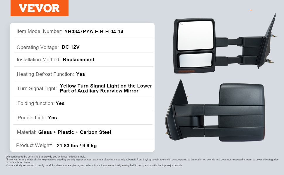 VEVOR Power Heated Tow Mirrors For 2004-2014 Ford F150 Signal