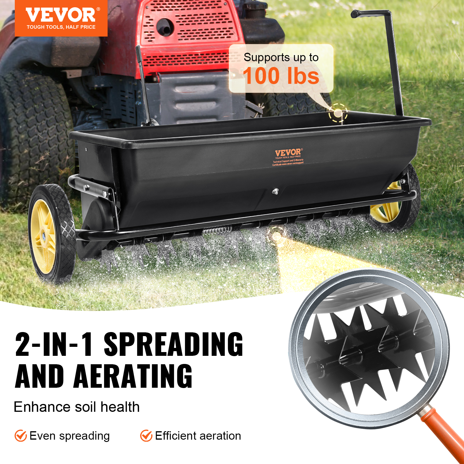 VEVOR 100/25lbs 10/12/8in Broadcast Spreader Tow Behind Poly Drop Spreader - Picture 4 of 38