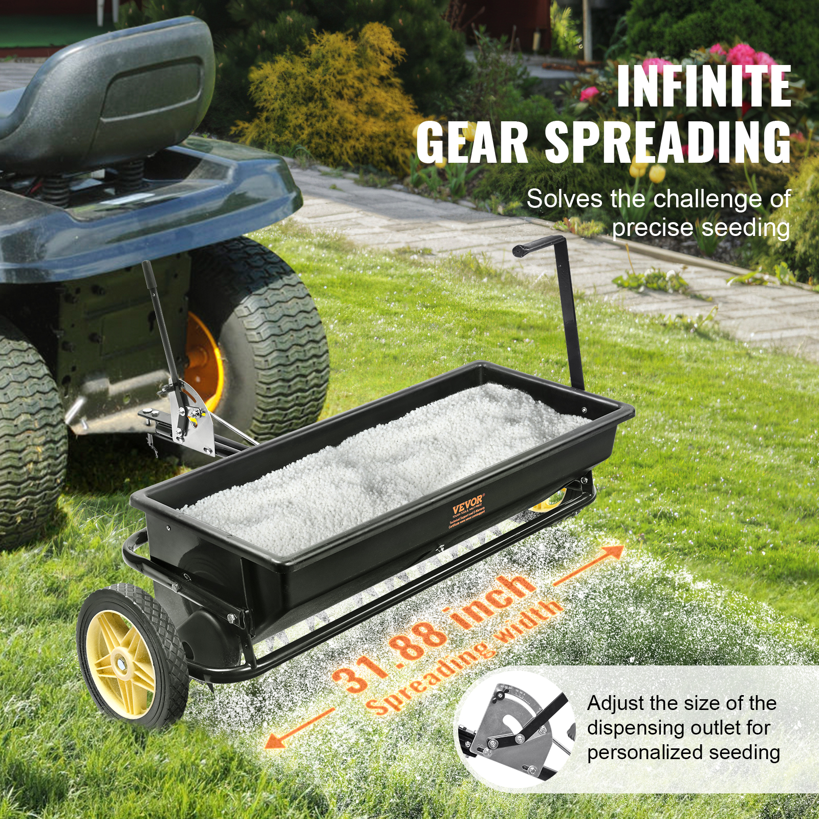 VEVOR 100/25lbs 10/12/8in Broadcast Spreader Tow Behind Poly Drop Spreader - Picture 5 of 38