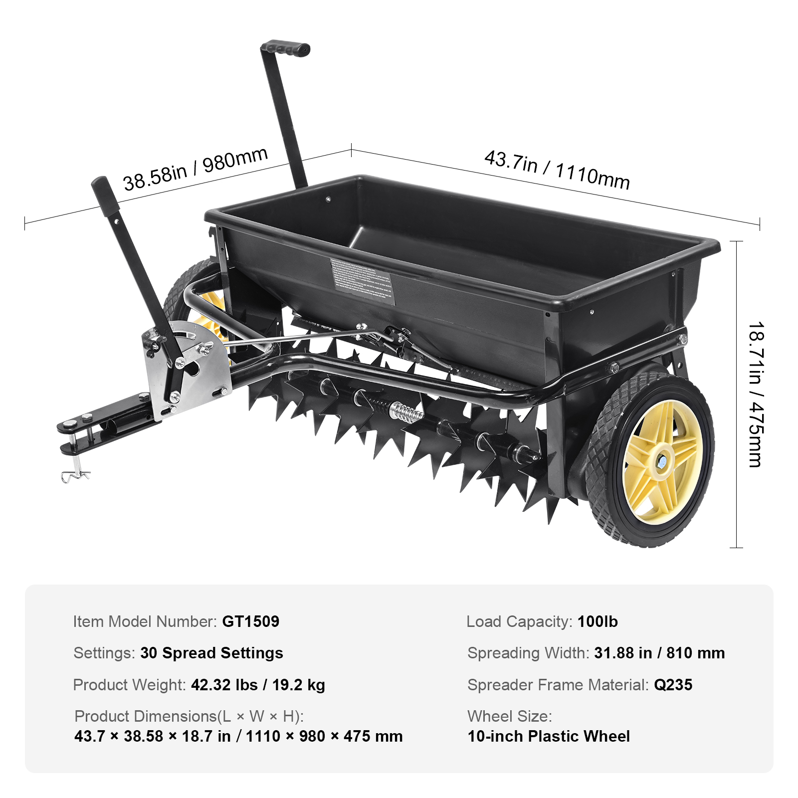 VEVOR 100/25lbs 10/12/8in Broadcast Spreader Tow Behind Poly Drop Spreader - Picture 9 of 38