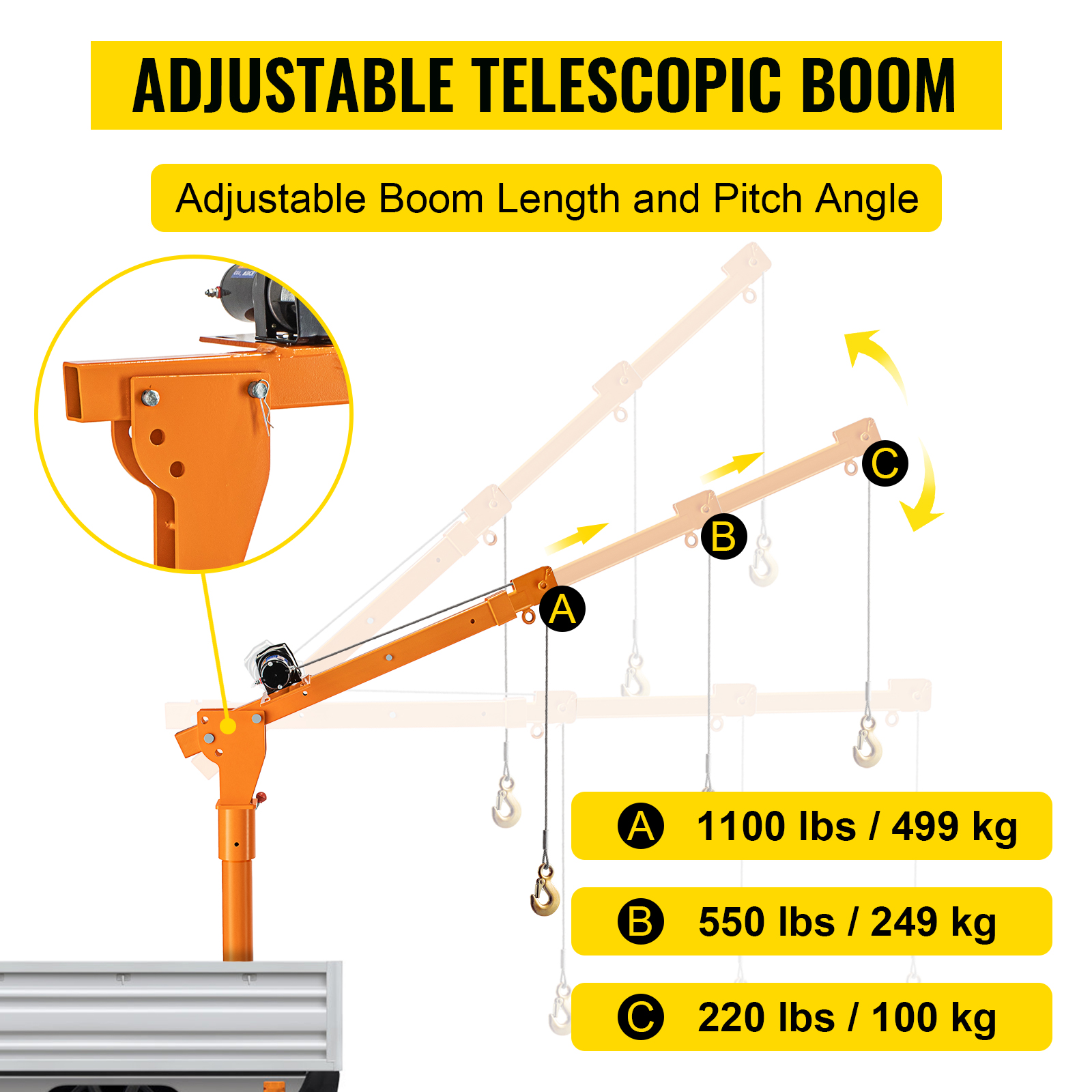 VEVOR Davit Crane, 1100 lbs Truck Crane, Wireless Remote Control Dock Crane, 110V 360° Swivel Electric Crane for Truck, Crane Hitch for Lifting Goods in Construction, Forestry, Factory, and Transport