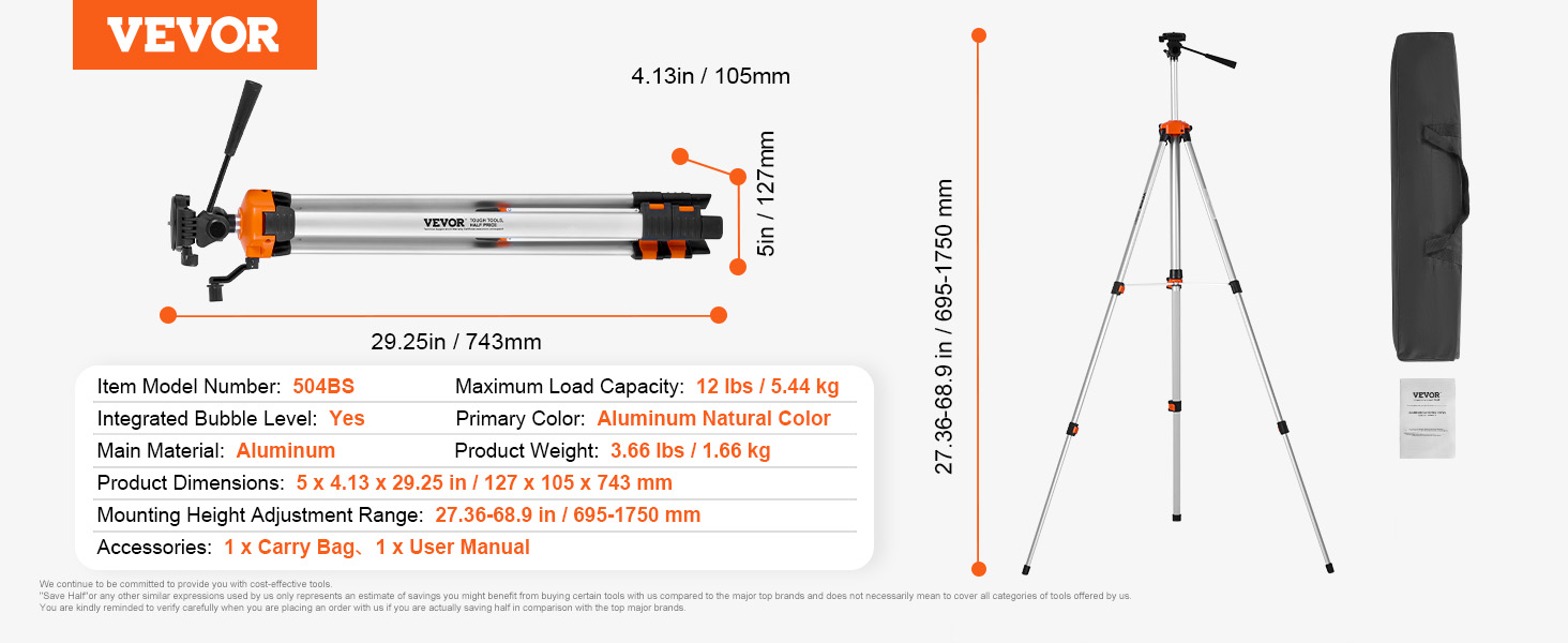 Laser Level Tripod,¼ x 20 Thread,27.36-68.11 inch