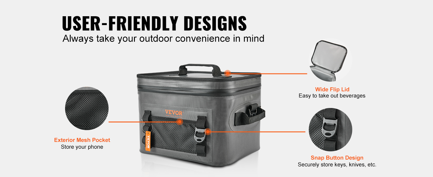 VEVOR soft cooler bag with exterior mesh pocket, wide flip lid, and snap button design.