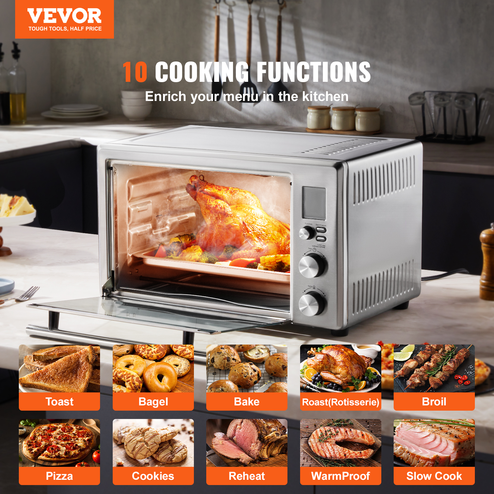 Stainless Steel Air Fryer Toaster Oven with Convection and Steam Cooking