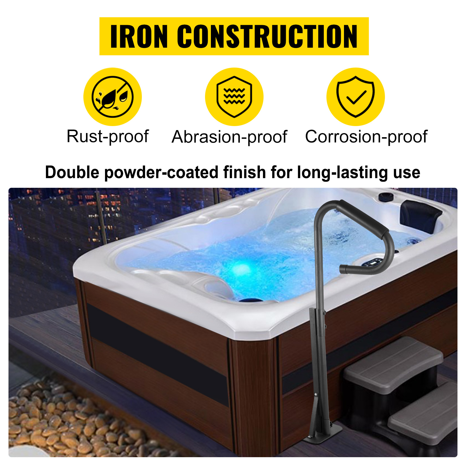 VEVOR pezsgőfürdő kapaszkodó 48x141,5cm spa korlát porszórt vas fürdőkád kilépési segédeszköz 280kg teherbírás medencelétra 360°-os forgatható kültéri úszómedence pezsgőfürdős napozáshoz ideális