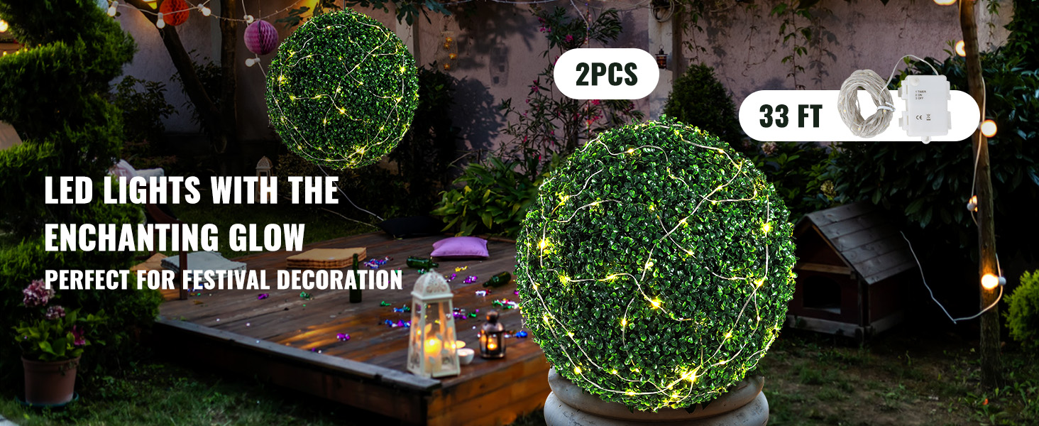 VEVOR 2x puszpáng labda mesterséges Ø50,8cm kerti dekoráció puszpáng labda mű puszpáng labda Mesterséges dobozlabda mesterséges növény PE-ből, fából, PP-ből 2 db-mal Dekoratív LED lámpák és 10 tartalék levél