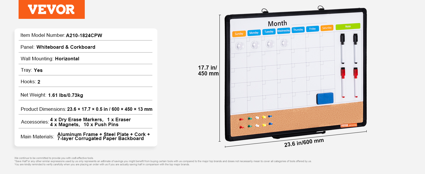 VEVOR 36x24 Monthly Calendar Whiteboard & Cork Board Combo - Magnetic Dry Erase Bulletin Board