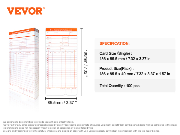 VEVOR Time Cards, Monthly Timesheets 100 pcs, 6 Columns Two-sided Orange and Blue, Card for 9600 Punch Time Clock, for Employee Attendance, Payroll Recorder