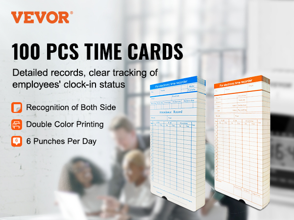VEVOR Time Cards, Monthly Timesheets 100 pcs, 6 Columns Two-sided Orange and Blue, Card for 9600 Punch Time Clock, for Employee Attendance, Payroll Recorder