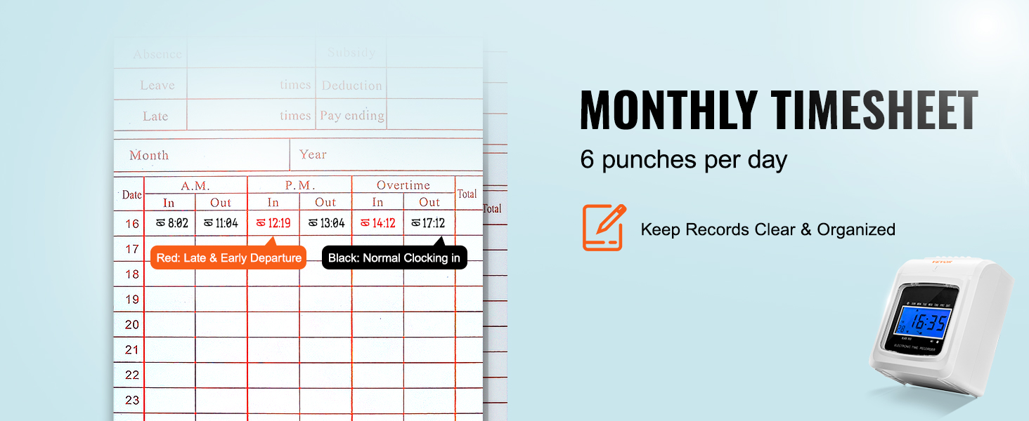 VEVOR Time Cards, Monthly Timesheets 100 pcs, 6 Columns Two-sided Orange and Blue, Card for 9600 Punch Time Clock, for Employee Attendance, Payroll Recorder