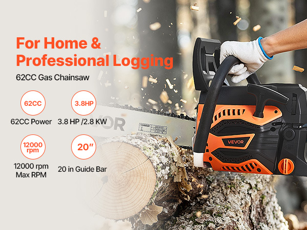 VEVOR 62cc Chainsaw - Heavy-Duty 20 Inch Gas Cutting Saw