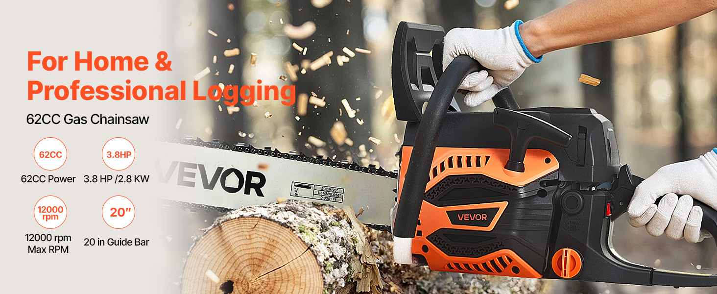 VEVOR 62cc Chainsaw - Heavy-Duty 20 Inch Gas Cutting Saw