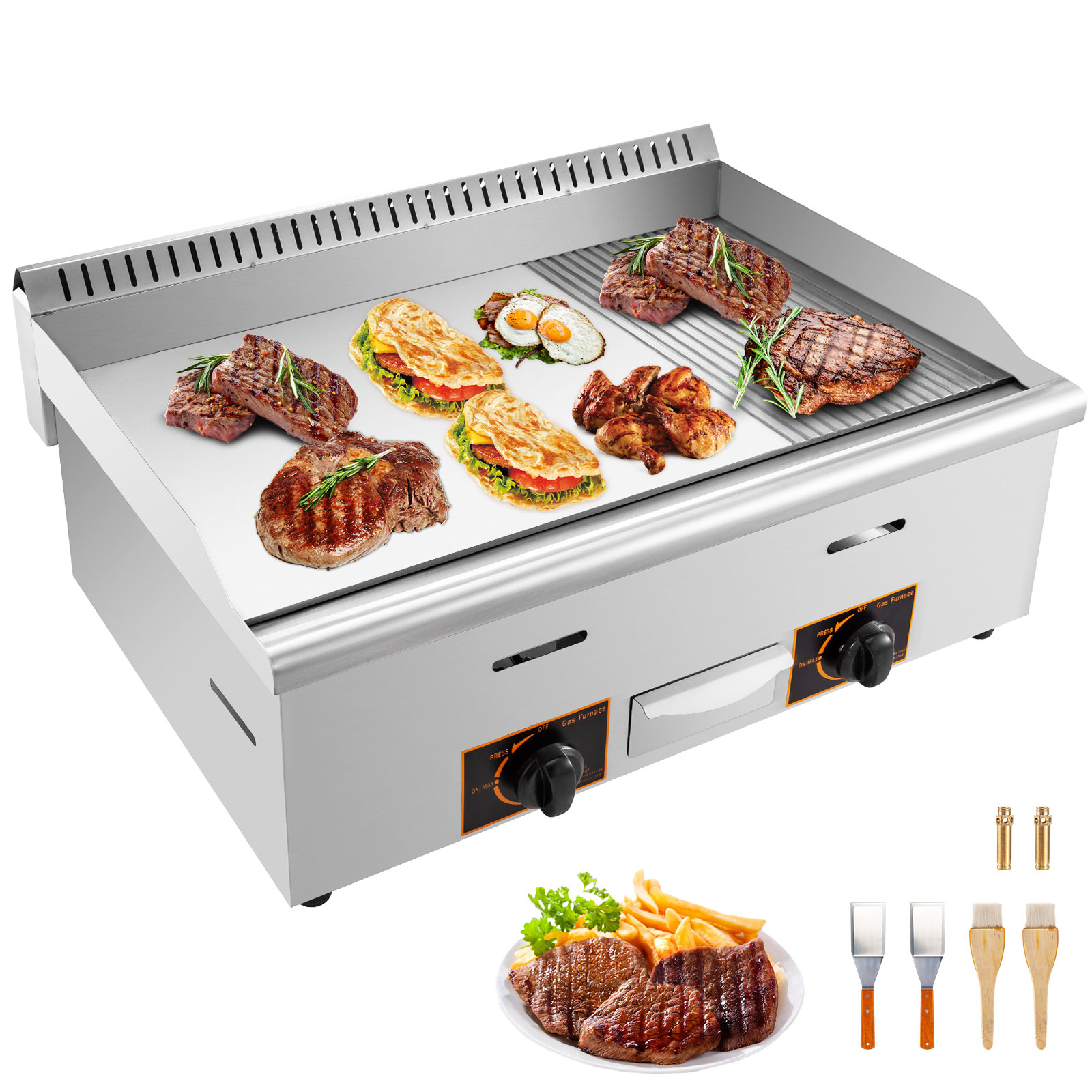 VEVOR 30" Stainless Steel Commercial Griddle Grill Half Grooved Non