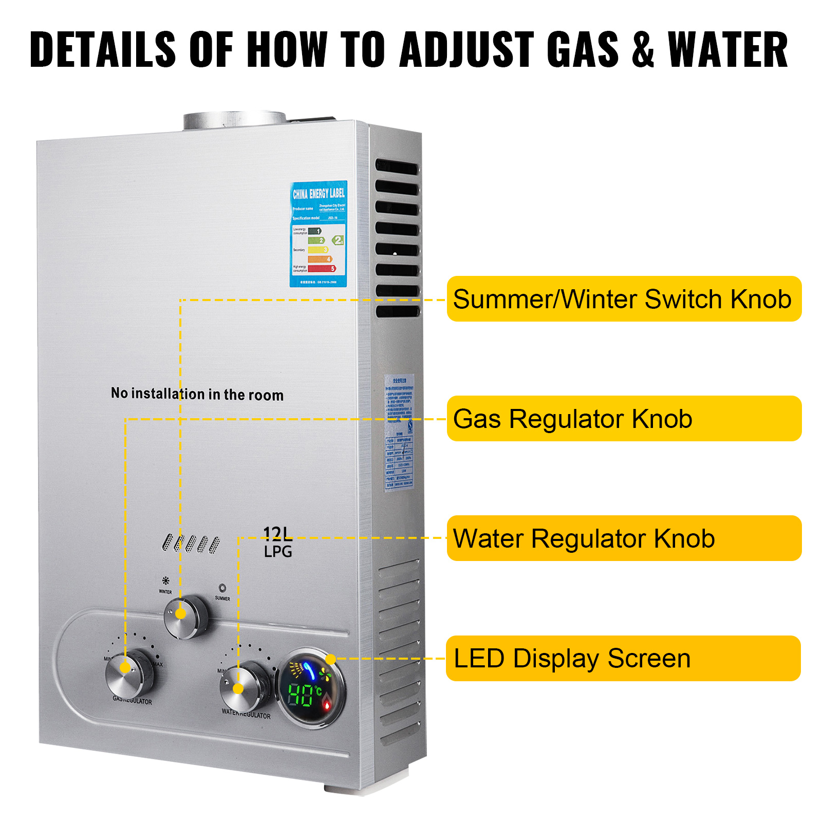 Calentador de agua de gas 12 LPM, Calentador de agua Gas Butano Propano  Instantáneo 24 KW