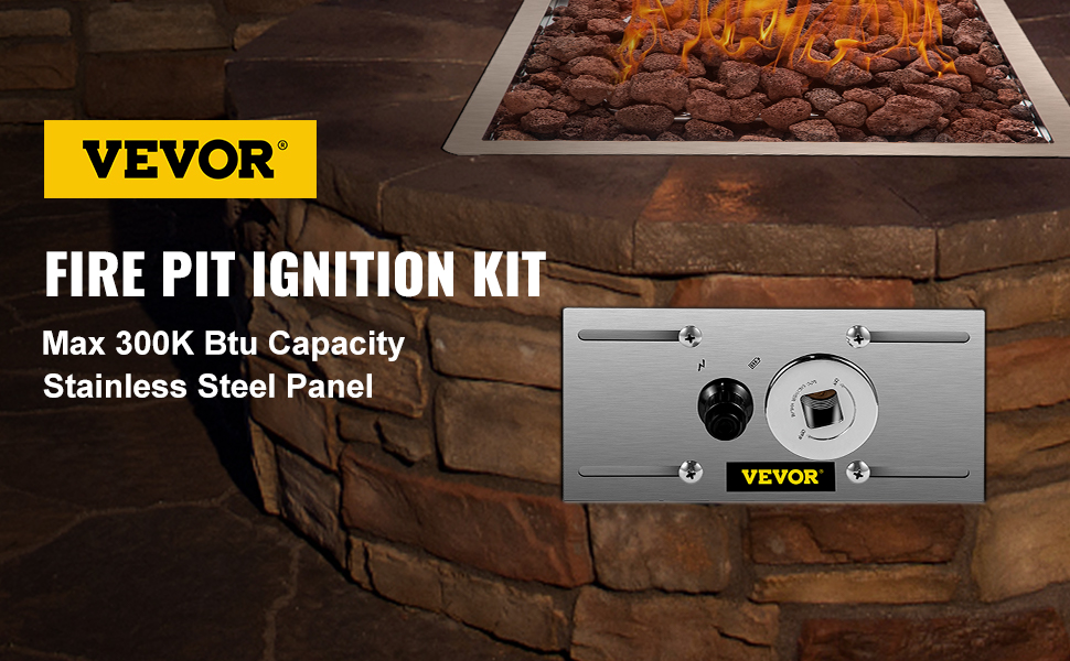 VEVOR Fire Pit Gas Burner Spark Ignition Kit, 300K BTU Fire Pit Ignition System, Stainless Steel Fire Pit Igniter, with 1/2'' Key Valve with Key and Leads & Ground Wire Black Retractable 