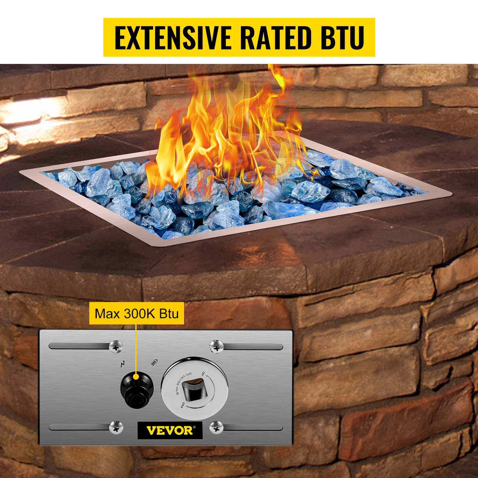 VEVOR Fire Pit Gas Burner Spark Ignition Kit, 300K BTU Fire Pit Ignition System, Stainless Steel Fire Pit Igniter, with 1/2'' Key Valve with Key and Leads & Ground Wire Black Retractable 