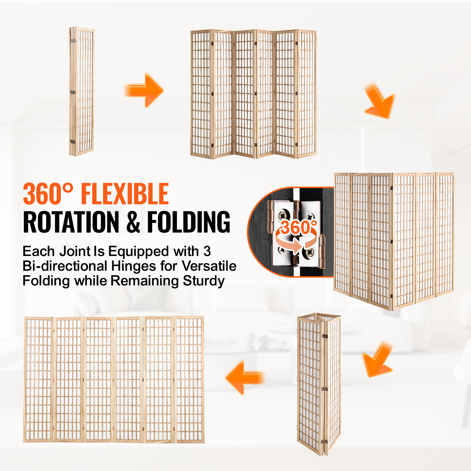 Room Divider Japanese Wall Divider 3/4/6 Panel Screen for Room Separation