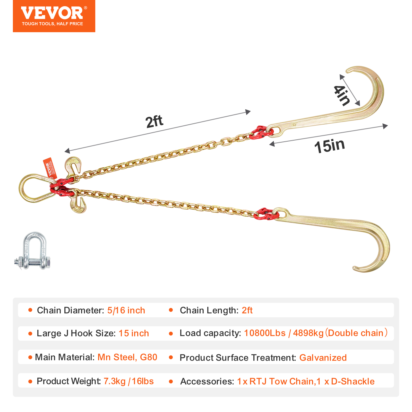 VEVOR 3/8" 5/16" Tow Chain J Hook G80 2ft, 3ft, 6ft V-Chain Wrecker Grab Hooks - Picture 69 of 74