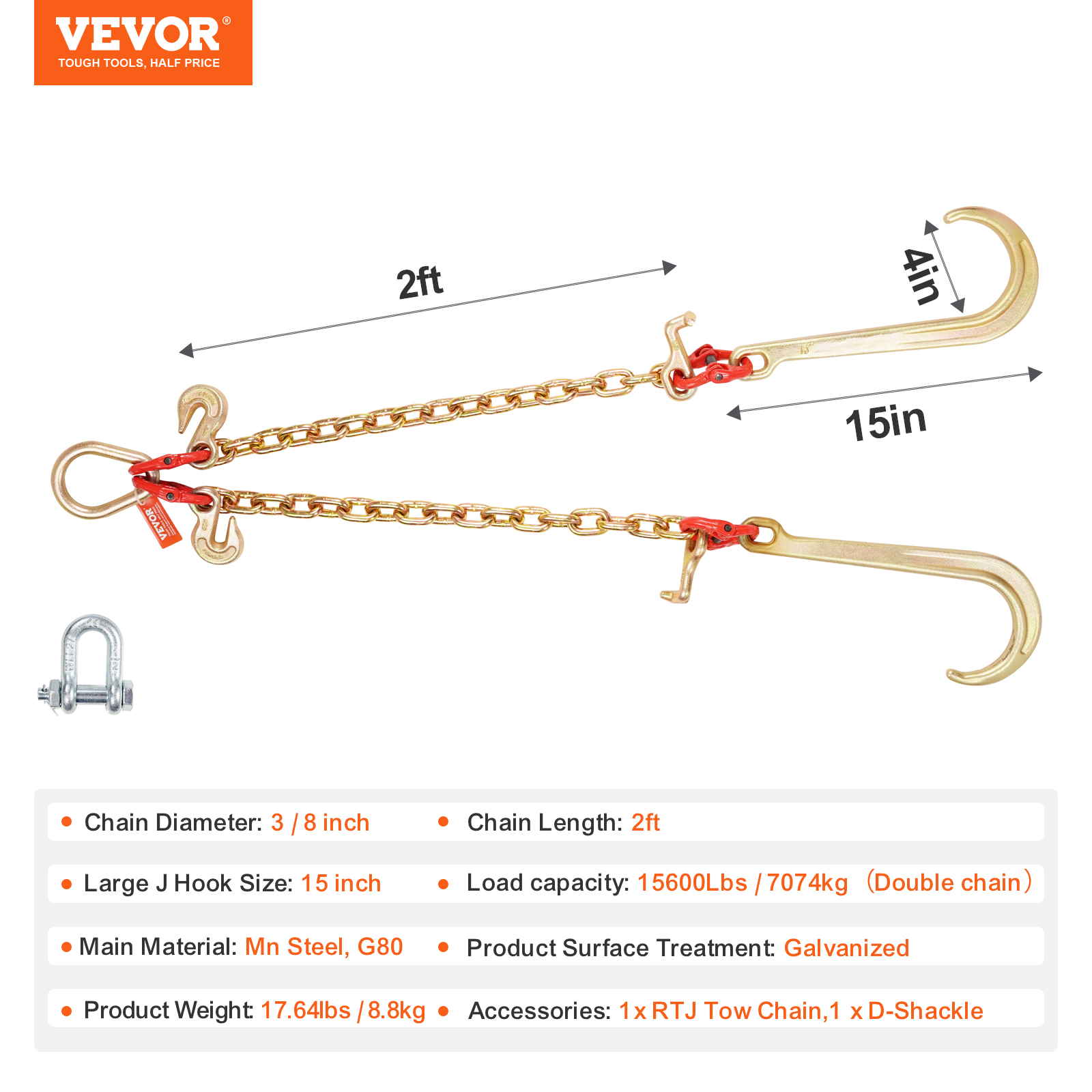 VEVOR 3/8" 5/16" Tow Chain J Hook G80 2ft, 3ft, 6ft V-Chain Wrecker Grab Hooks - Picture 9 of 74