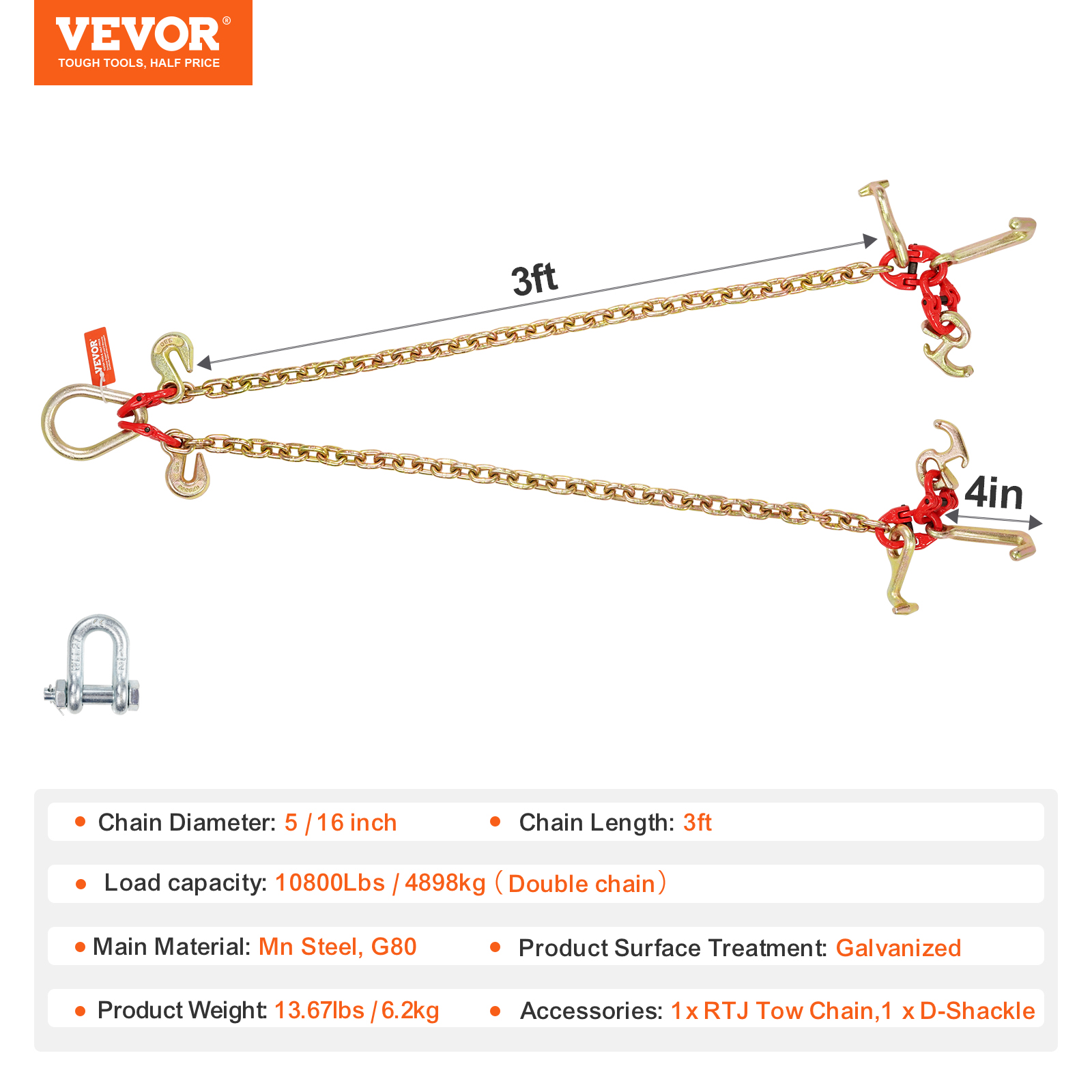 VEVOR 3/8" 5/16" Tow Chain J Hook G80 2ft, 3ft, 6ft V-Chain Wrecker Grab Hooks - Picture 57 of 74